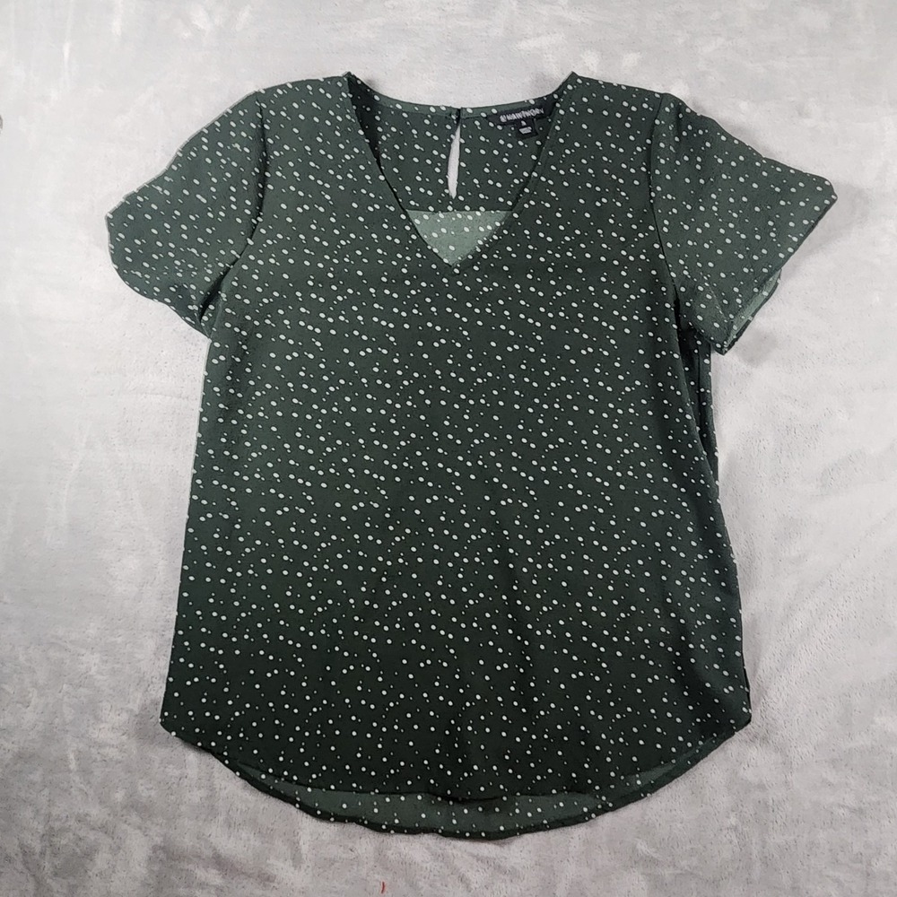 41 Hawthorn Dark Green Polka Dot Flutter Short Sleeve Blouse Top Women's Size M